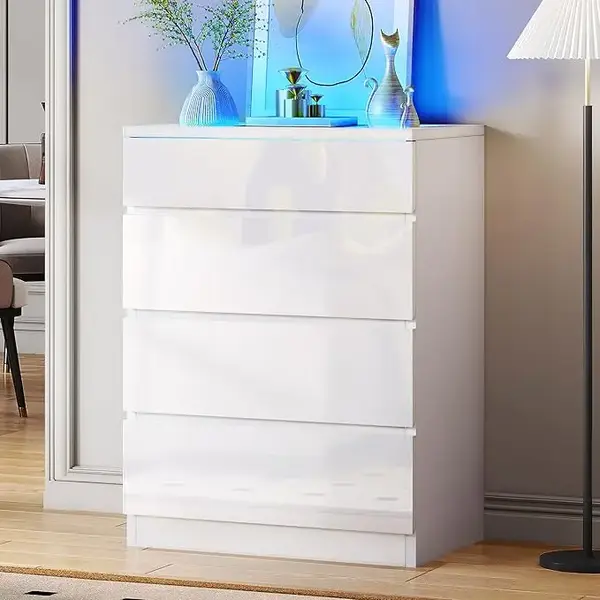 DWVO 4/8 Drawer Dresser with LED, White Dresser, Modern 4 Chest of Drawers with Deep Drawers Tempered Glass Top High Gloss Su...