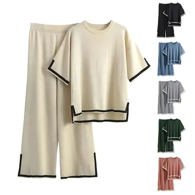 Tanming Womens Knit 2 Piece Sweater Set Short Sleeve Pullover Tops Elastic Waist Wide Leg Pants Chic Lounge Set