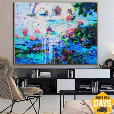 Large Original Blue Paintings On Canvas Modern Colorful Oil Painting Expressionism Art Textured Painting | MORNING LAKE 29.52...