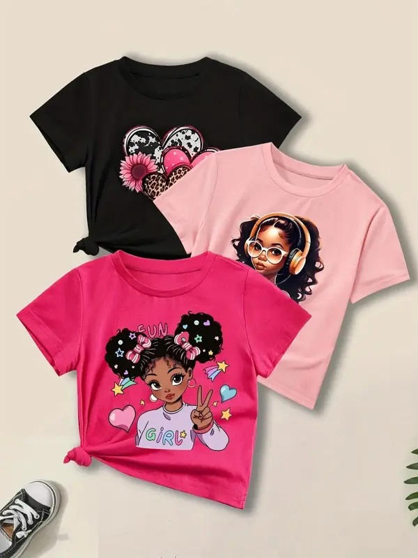 Girl's Heart & Figure Print Round Neck Tee, Casual Short Sleeve Crew Neck T-shirt for Summer, Kids Clothes for Daily Wear