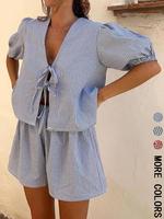Two-piece Set Women's Gingham Print Tie Front Shirt & Shorts Set, Casual Short Sleeve Top & Shorts for Summer, Ladies Clothes...
