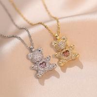 2PCS Bear Necklaces, Necklace for Women Cute Bear Necklace Heart Hug Bear Pink Micro Paved Zircon Simple Adjustable Clavicle ...