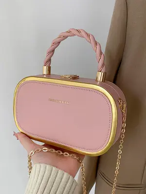Women's Fashion Buckle Twist Decor Top Handle Chain Strap Crossbody Bag, Simple Letter Detail Metallic Trim Design All-match ...