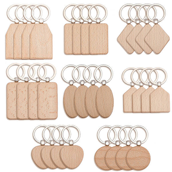32Pcs 8 Styles Wooden Blank Pendant Keychain