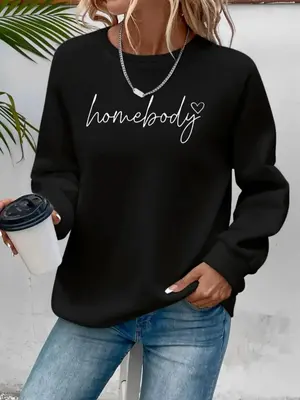 Women's Letter & Heart Print Drop Shoulder Sweatshirt without Necklace, Casual Long-sleeve Pullover for Fall & Winter, Airpo...