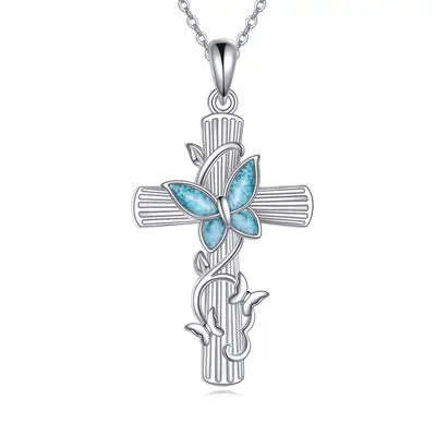 Sterling Silver Turquoise Butterfly & Cross Pendant Necklace