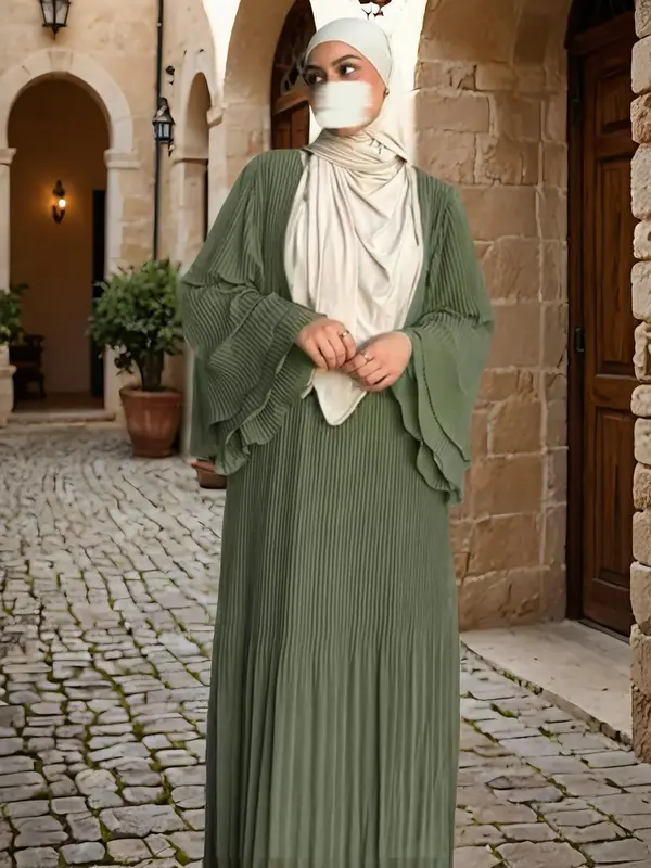 Women's Solid Color Pleated Dress, Modest Long Sleeve Muslim Dress for Daily Wear, Ladies Islamic Clothing for All Seasons, M...