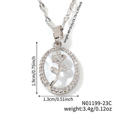 Elegant Brass Clear Cubic Zirconia Rose Oval Pendant Necklaces