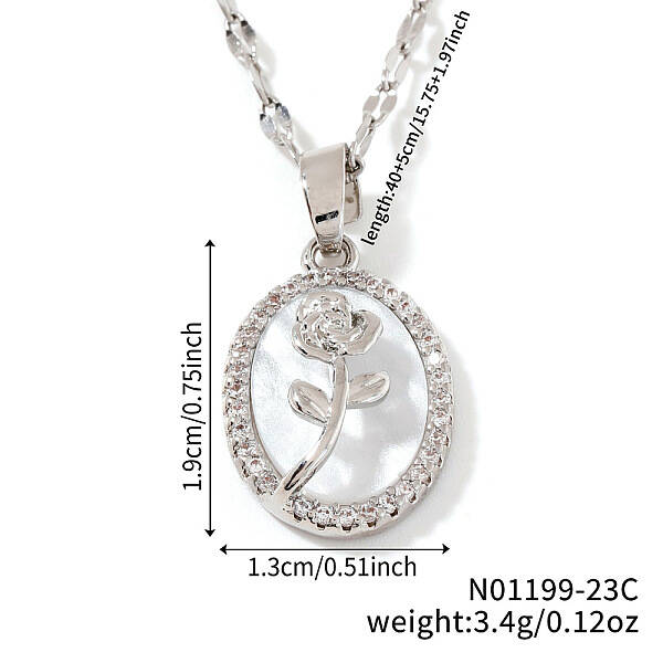 Elegant Brass Clear Cubic Zirconia Rose Oval Pendant Necklaces