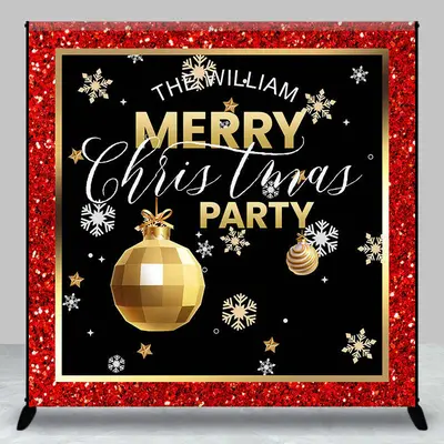 Custom Name Red Black Gold Merry Christmas Backdrop - Aperturee