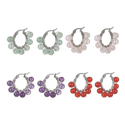 Natural & Synthetic Mixed Gemstone Round Beaded Hoop Earrings