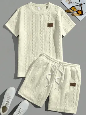 Men's Patched  Short Sleeve Top &   Shorts Loungewear Two-piece Set, Regular Fit Casual Comfy Round Neck Top & Shorts Pj Set,...