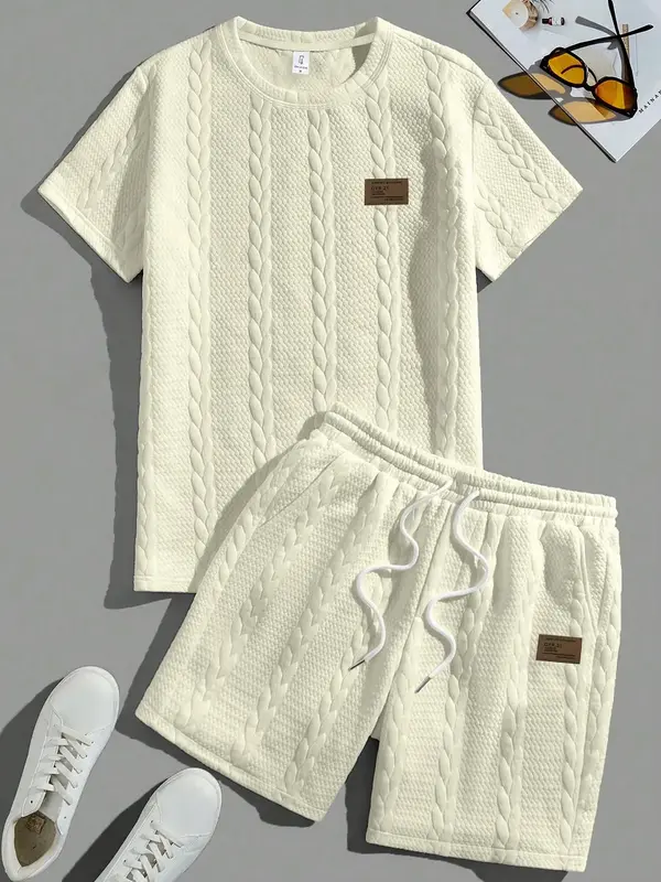Men's Patched  Short Sleeve Top &   Shorts Loungewear Two-piece Set, Regular Fit Casual Comfy Round Neck Top & Shorts Pj Set,...
