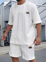 Men's Patched Short Sleeve Crewneck Top & Shorts Loungewear Two-piece Set, Regular Fit Casual Comfy Round Neck Top & Shorts P...