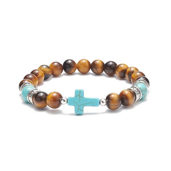 Natural Tiger Eye & Synthetic Turquoise(Dyed) Cross Beaded Bracelet
