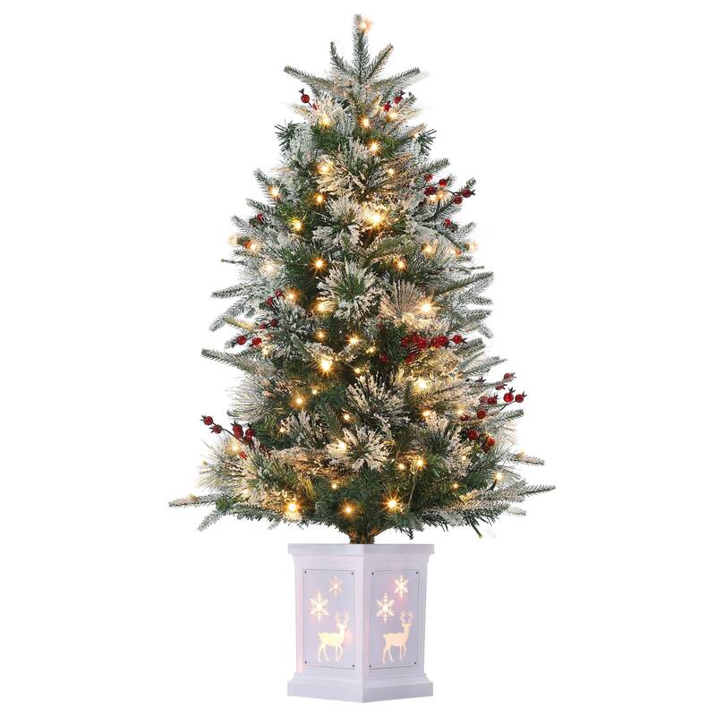 Garvee 4.5ft Christmas Tree, Pre-lit Christmas Tree with Lighting Elk Base and Red Berries, Artificial Christmas Tree with 10...