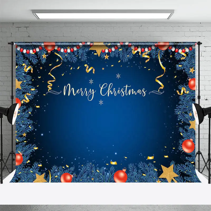 Blue Sequin Ball Pine Merry Christmas Party Backdrop - Aperturee