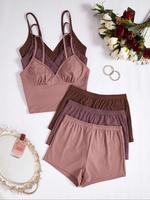 Women's Solid Color Crop Cami Top & Elastic Waist Shorts Pyjama Set, Casual Comfy Spaghetti Strap Camisole & Shorts Pj Set, L...