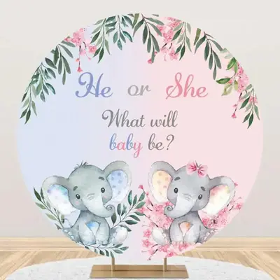 Blue Pink Elephant Leaves Round Baby Shower Backdrop - Aperturee