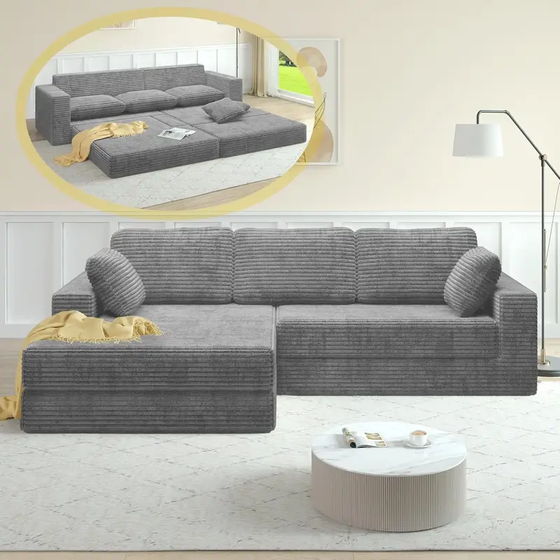 [2 packing delivery]  Niccae Full Foam Modular Sectional Sofa - Oversized L-Shaped Cloud Couch with Right-Facing Chaise, Conv...