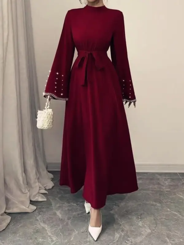 Women's Faux Pearl Decor Belted Dress, Elegant Long Sleeve Dress for Vacation Holiday Wedding Guest, Ladies Clothes for All S...