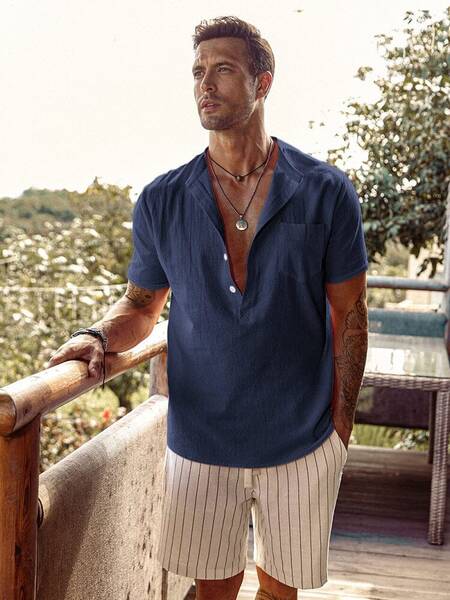 Linen Style Beach Button Shirts, Navy Blue / XL