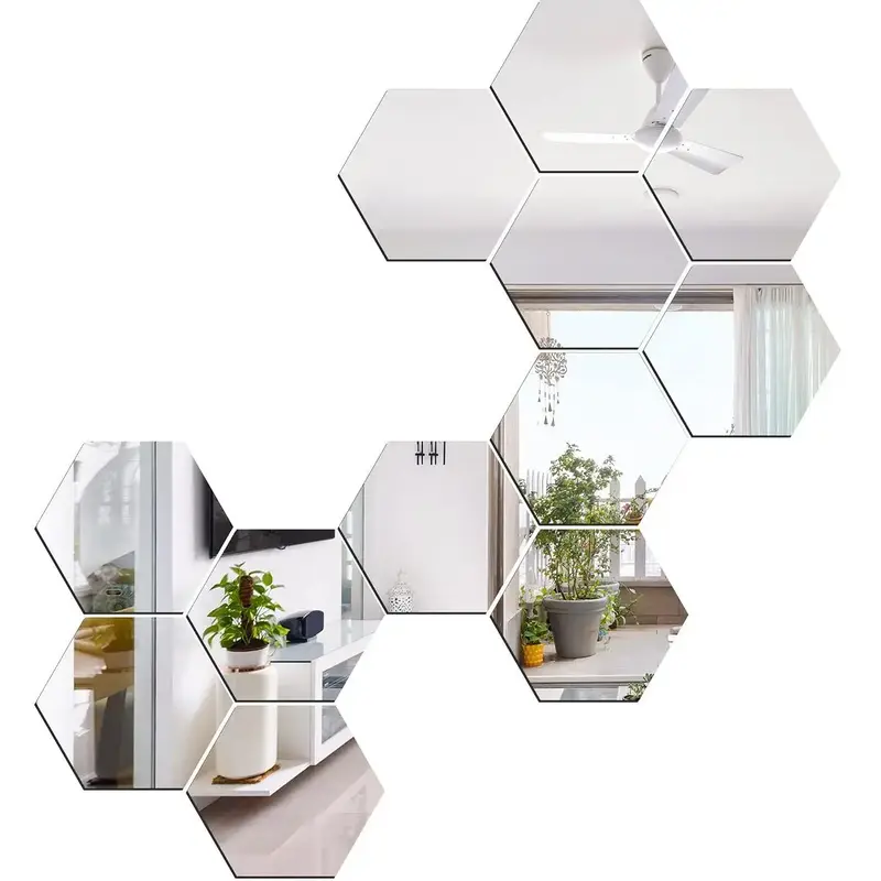 Hexagon Removable 3D Mirror Wall Sticker (12pcs), Self Adhesive DIY Wall Mirror Decal for Living Room Kitchen Bedroom Office,...