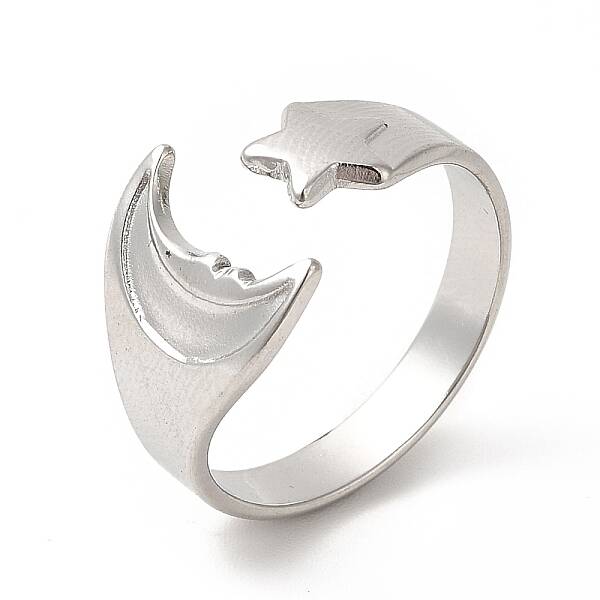 Non-Tarnish 304 Stainless Steel Star & Moon Open Cuff Ring for Women