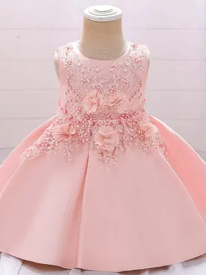 Girl's Floral Appliques Embroidery Satin Dress, Elegant Round Neck Sleeveless A Line Dress for Party Wedding Guest, Kids Clot...