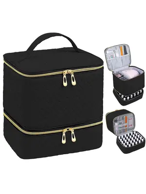 Double Layer Quilted Nail Polish Storage Bag, Portable Nail Art Organizer, Cosmetic Storage Zipper Makeup Organizer Pouch Mul...