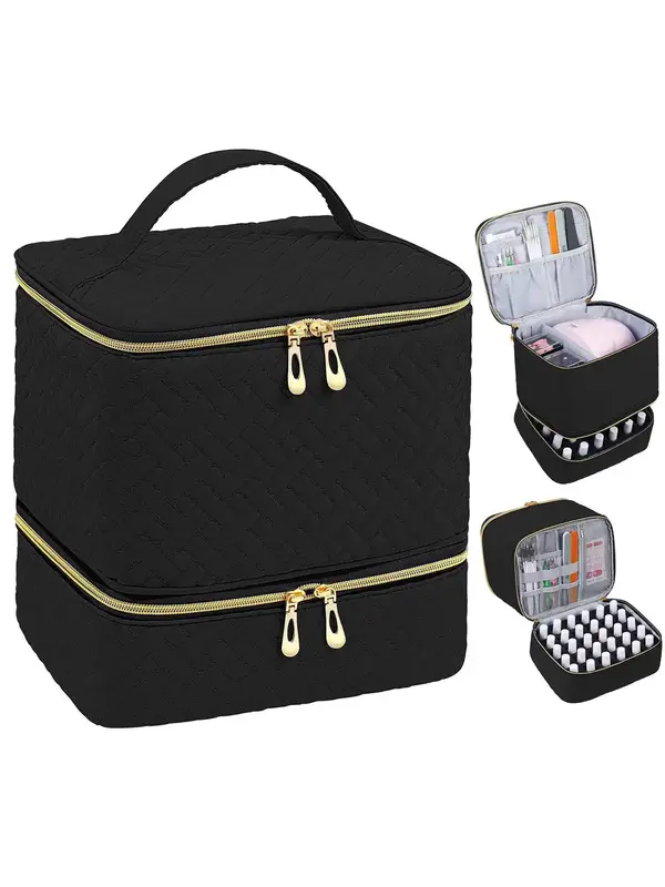 Double Layer Quilted Nail Polish Storage Bag, Portable Nail Art Organizer, Cosmetic Storage Zipper Makeup Organizer Pouch Mul...