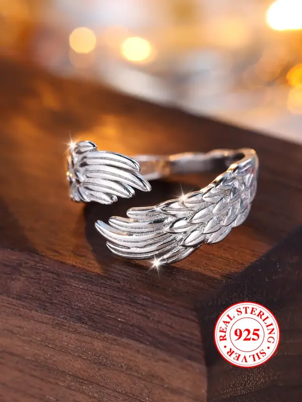 925 Sterling Silver Women's Angel Wing Design Cuff Ring, Stylish Wing Design Cuff Ring, Trendy All-match & Exquisite Jewelry ...