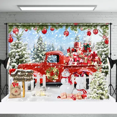 Aperturee Snowy Red Gifts Car Snowman Merry Christmas Backdrop - Aperturee