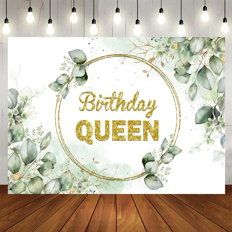 Gold Glitter Queen Green Leave Birthday Backdrop - Aperturee