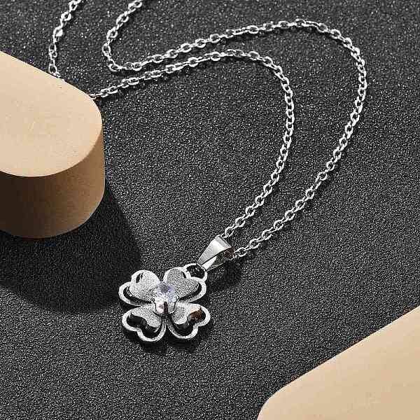 304 Stainless Steel Crystal Rhinestone Clover Pendant Necklaces for Women