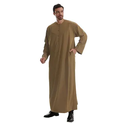 Modest Muslim Thobe for Men - Ramadan Eid Prayer Robe Solid Color Long Sleeve Loose Fit Breathable Cotton Woven Design mens ...