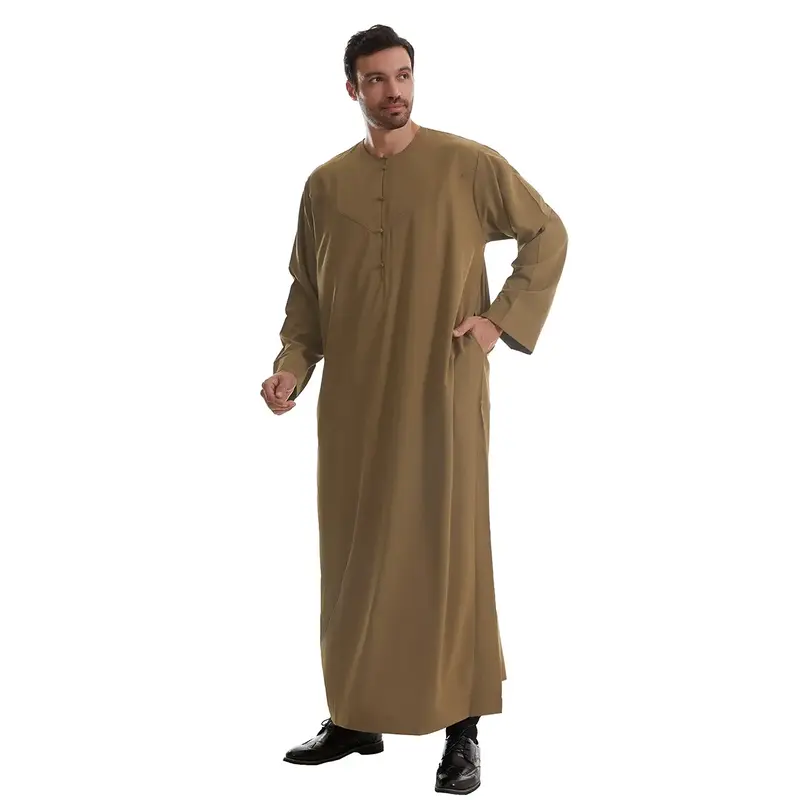 Modest Muslim Thobe for Men - Ramadan Eid Prayer Robe Solid Color Long Sleeve Loose Fit Breathable Cotton Woven Design mens  ...