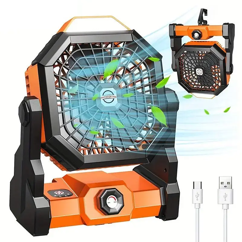 Portable USB Rechargeable Fan, 270° Rotation Tent Fan with LED Light & Hook, Hanging Fan for Outdoor Travel Fishing