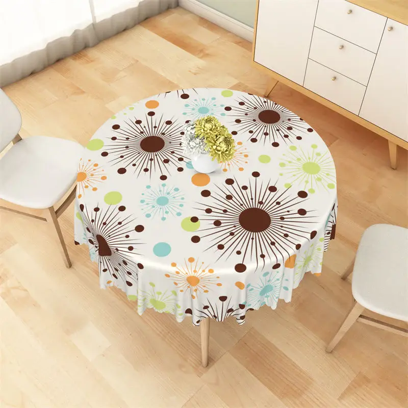 Brown Blue Green Orange Rays Dots Round Tablecloth - Aperturee