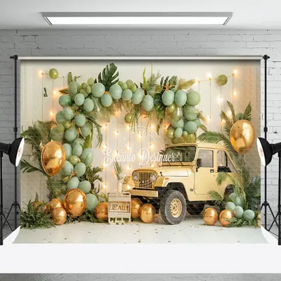 White Wall Green Balloons Car Cake Smash Backdrop - Aperturee