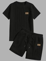 Men's Letter Patched Short Sleeve Tee & Shorts Set, Regular Fit Casual Round Neck Shortsleeve T-shirt & Shorts, Men's Summer ...
