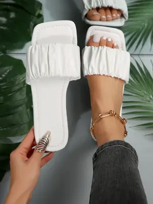 Women's Summer 2024 Fashionable Solid Color Ruched Slip on Flat Sandals, Girl Casual Comfortable Open Toe Sandals, Lightweigh...