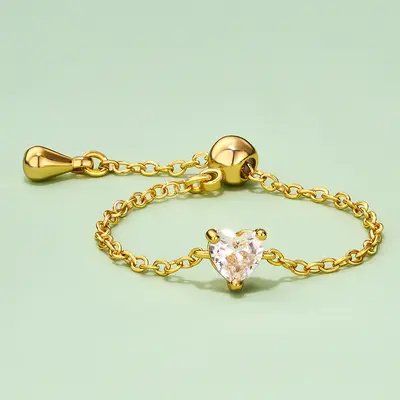 Oval/Rectangle/Heart CZ Adjustable Chain Ring - Gold / Heart