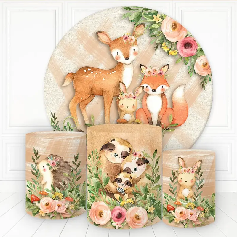 Aperturee Animals Floral Wild Beige Plaid Round Birthday Backdrop Kit | Round Party Backdrop | Round Backdrop Fabric Cover | ...