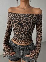 Women's Leopard Print Lettuce Trim Off Shoulder Crop Tee, Fashion Casual Flounce Sleeve T-shirt for Daily Outdoor Wear, Women...