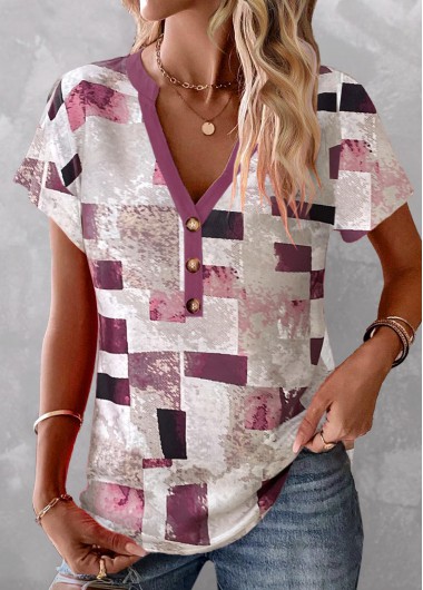 Modlily Multi Color Button Geometric Print T Shirt - L