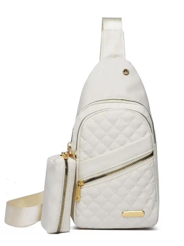 Women's 2pcs Solid Color Quilted Pattern Sling Bag & Coin Purse Set, Casual Sporty Phone Wallet Bag Set, All-match Commuter B...