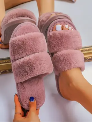 Women's Cute Solid Color Fluffy Slippers, Plush Bedroom Slippers For Fall & Winter, Warm Two Band Indoor Slippers