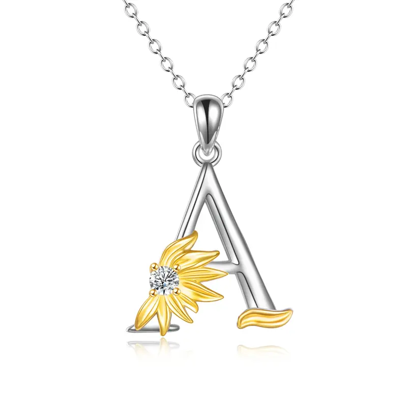 Sterling Silver Two-Tone Circular Cubic Zirconia Personalized Initial Letter A Sunflower Pendant Necklace For Women