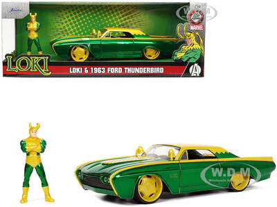 1963 Ford Thunderbird Green and Yellow Metallic with Hood Graphics and Loki Diecast Figure \
